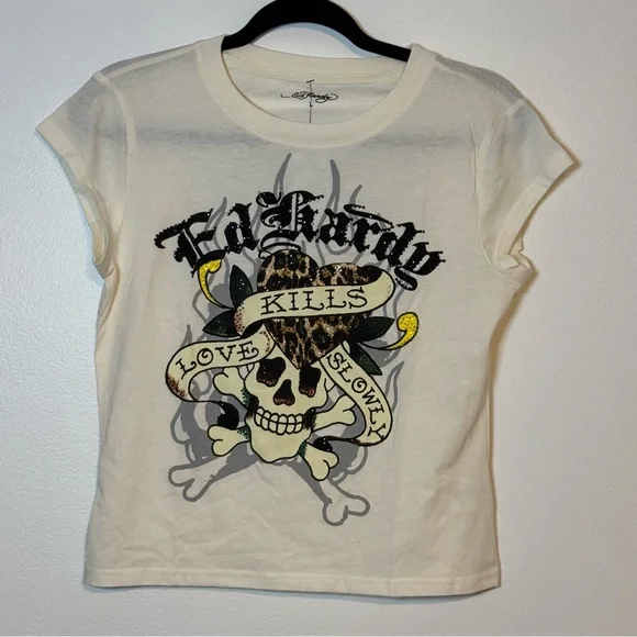 ED HARDY Love Kills Slowly Skull Womens Cap Sleeve Tee Large Ivory NWT - Picture 3 of 10